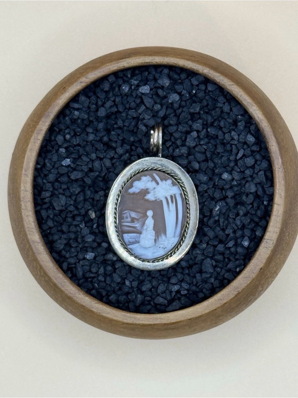 Victorian Cameo Pendant in Silver Gold-Tone with Scenic Carving
